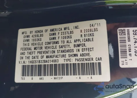 2011 Honda Accord 2.4 Lx-S z USA, uszkodzony, nr VIN 1HGCS1B32BA014663